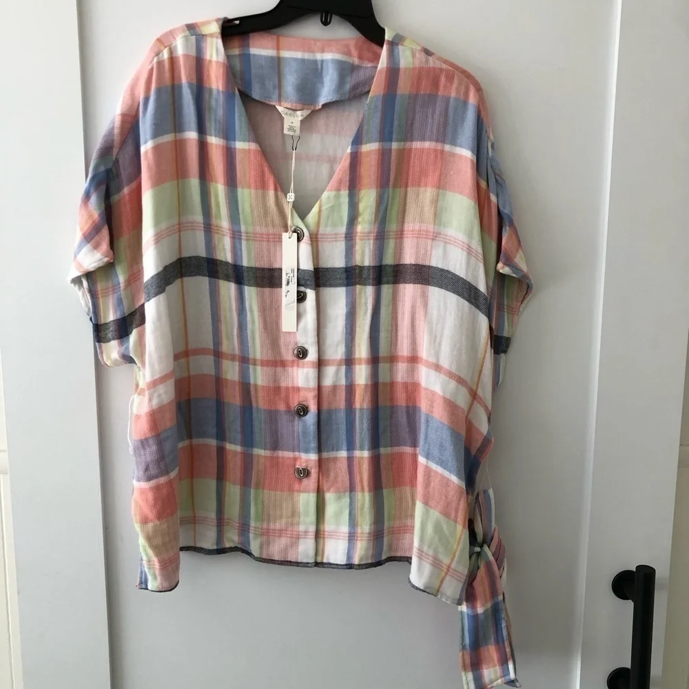 Caslon Pink Plaid Button Down Blouse Plus 1X